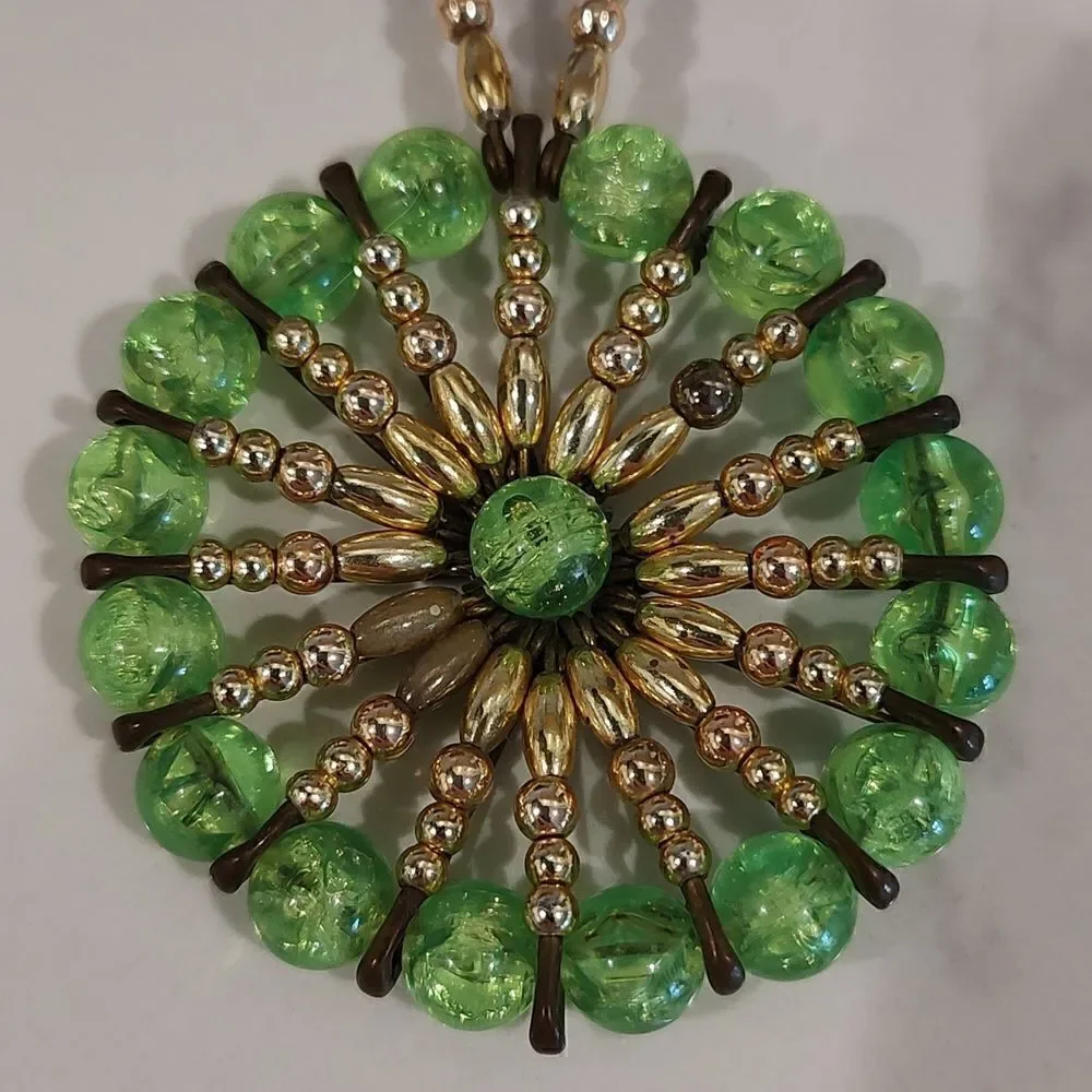 Vintage Safety Pin Art Green and Gold Bead Pendant/Brooch